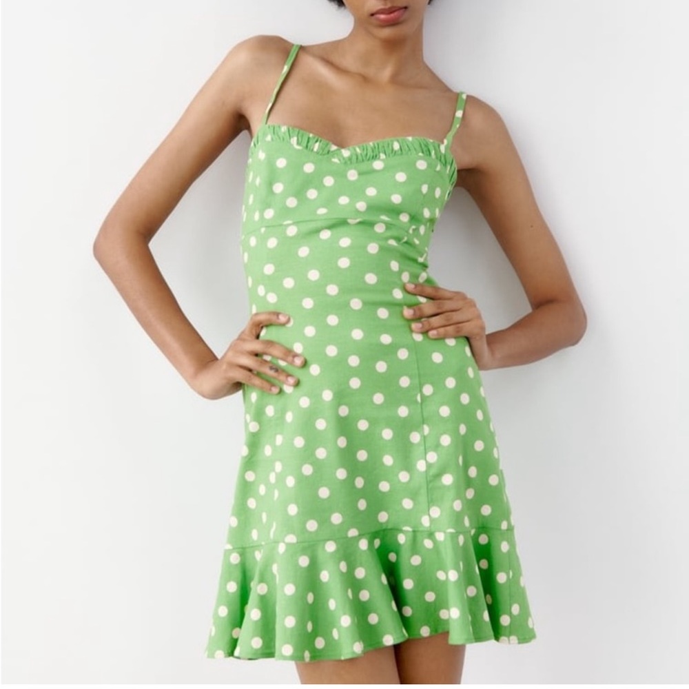 🆕️ ZARA Polka Dots Mini Dress Ruffle Hems Detail. Linen Blend Fabric. NWT